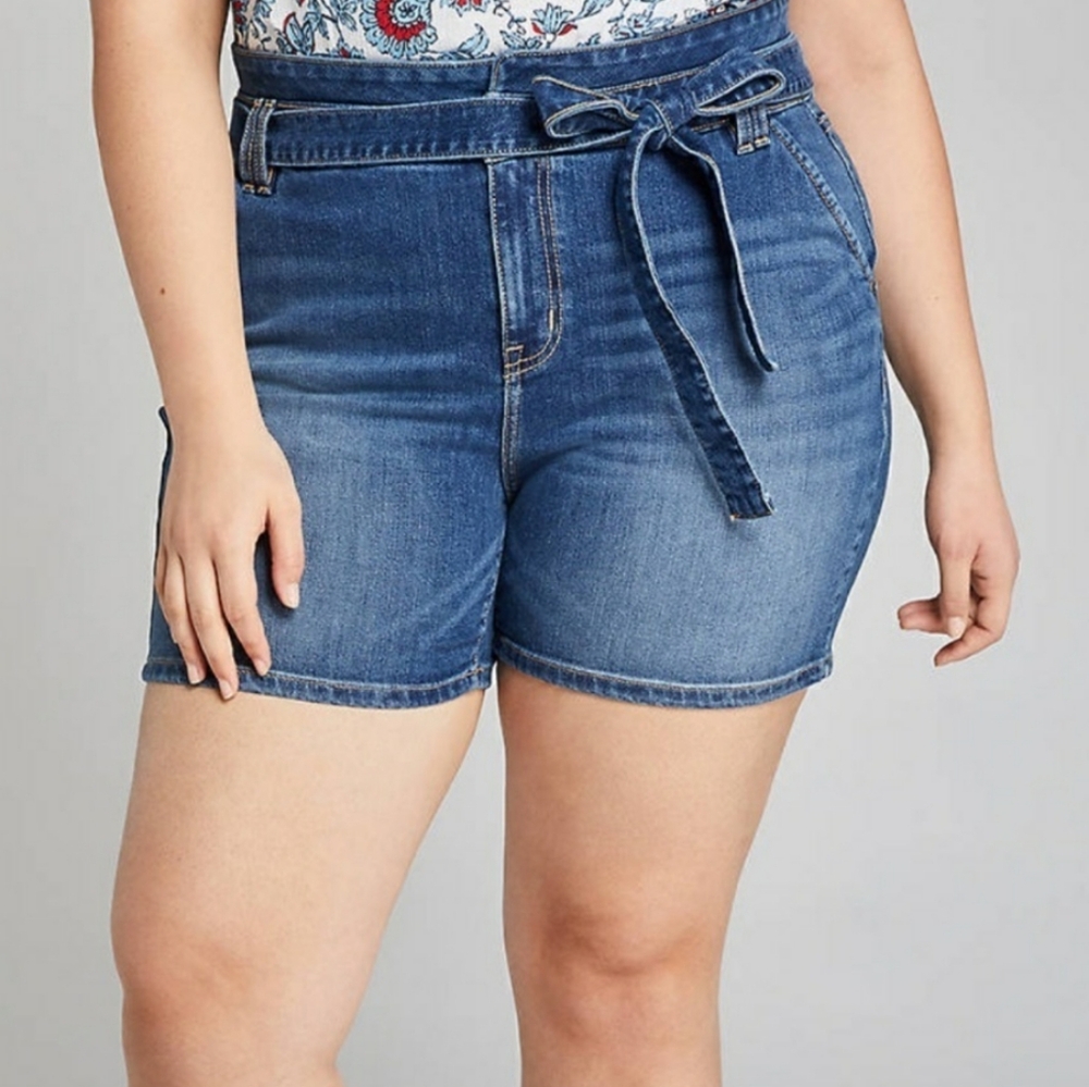 Lane Bryant Womens Plus Size Belted Paperbag Waist Girlfriend Denim Jean Shorts - Picture 3 of 14